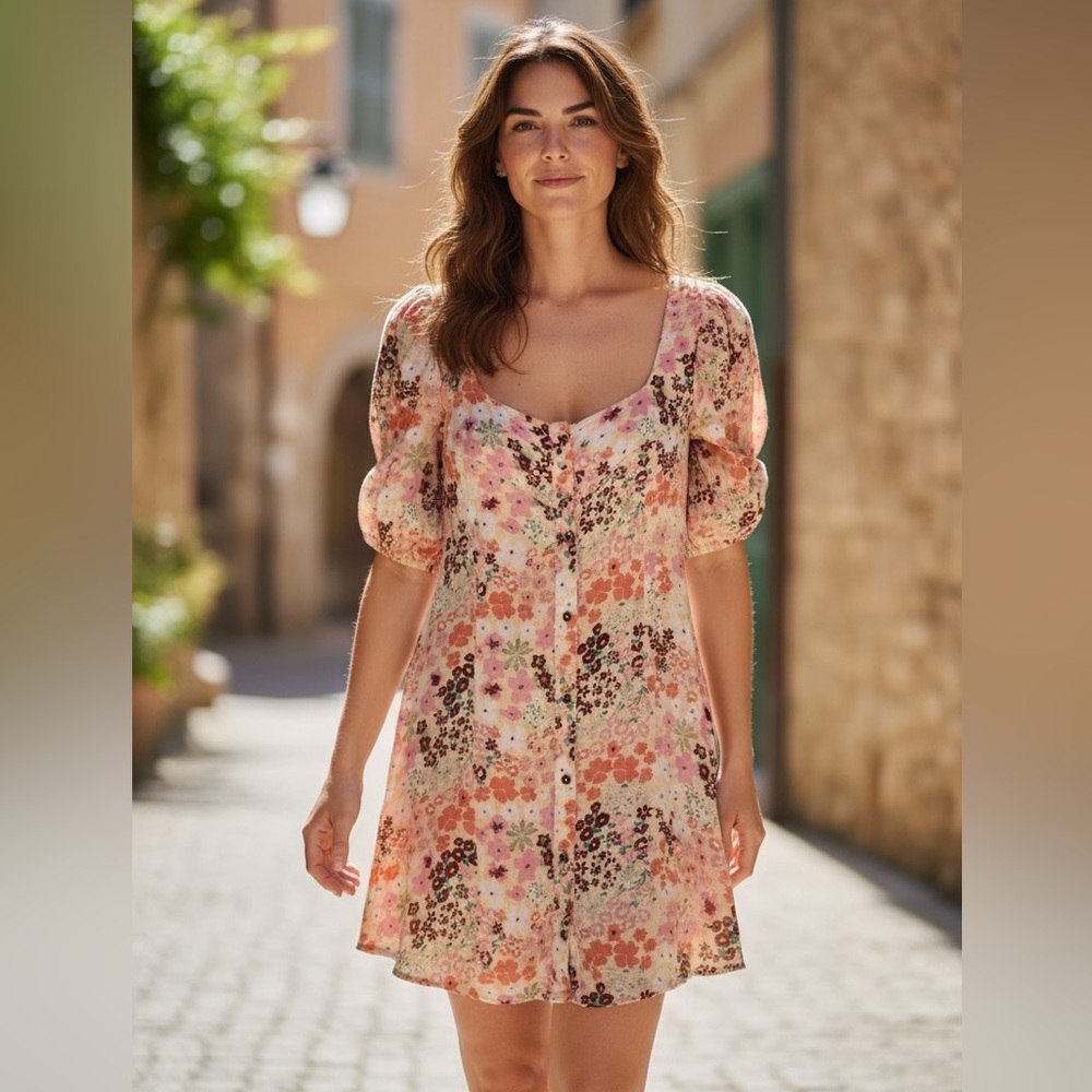 Free People Floral Mini Dress in Pink, coral and White on a Yellow Background - Picture 3 of 8